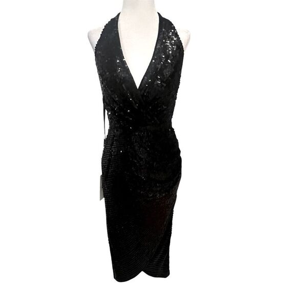 NWT‎ Mac Duggal black sequin midi Halter dress women's size 2 with side ruching - Picture 1 of 14